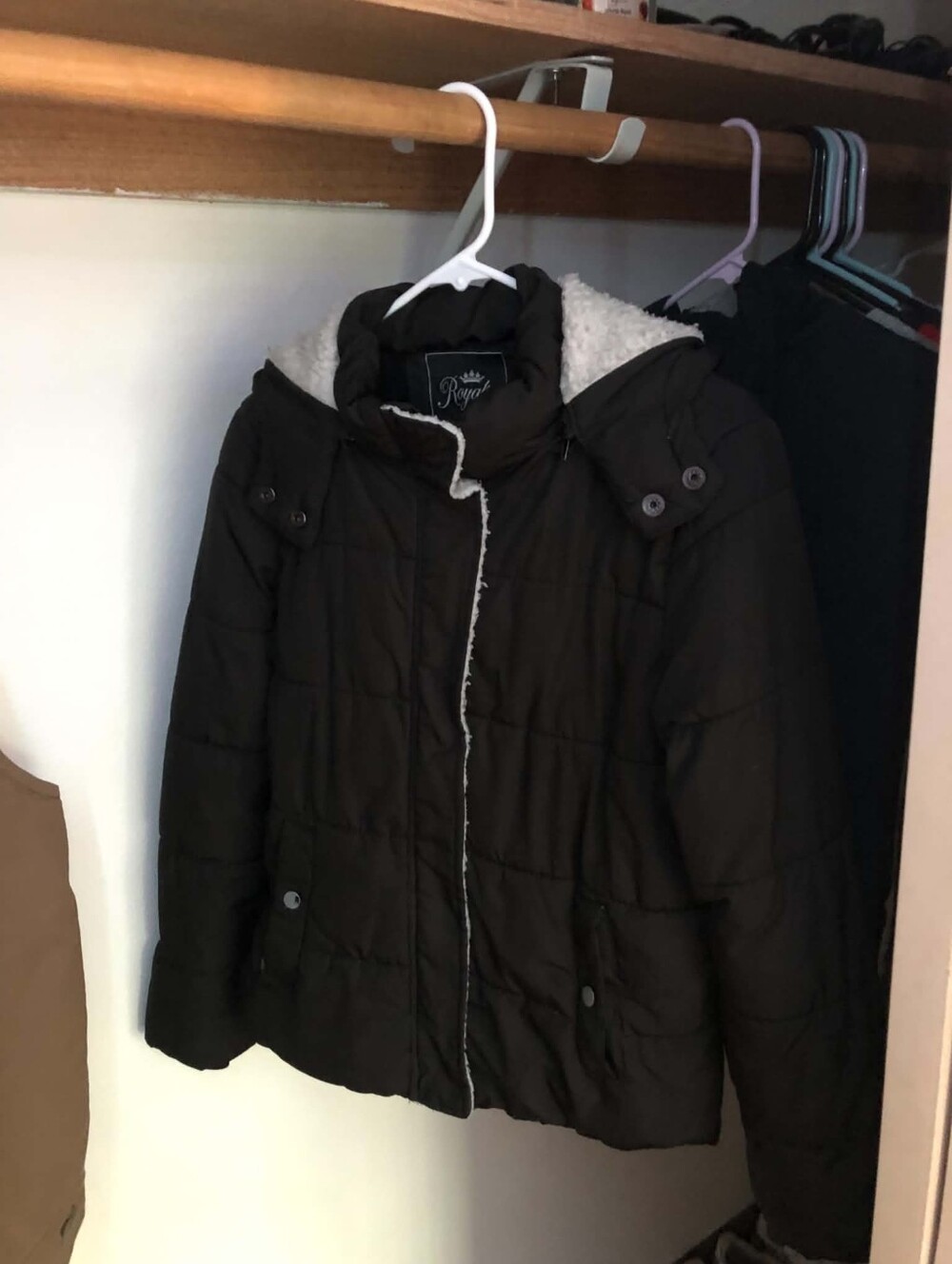 Royalty Black Quilted Puffer Jacket With Snap Collar